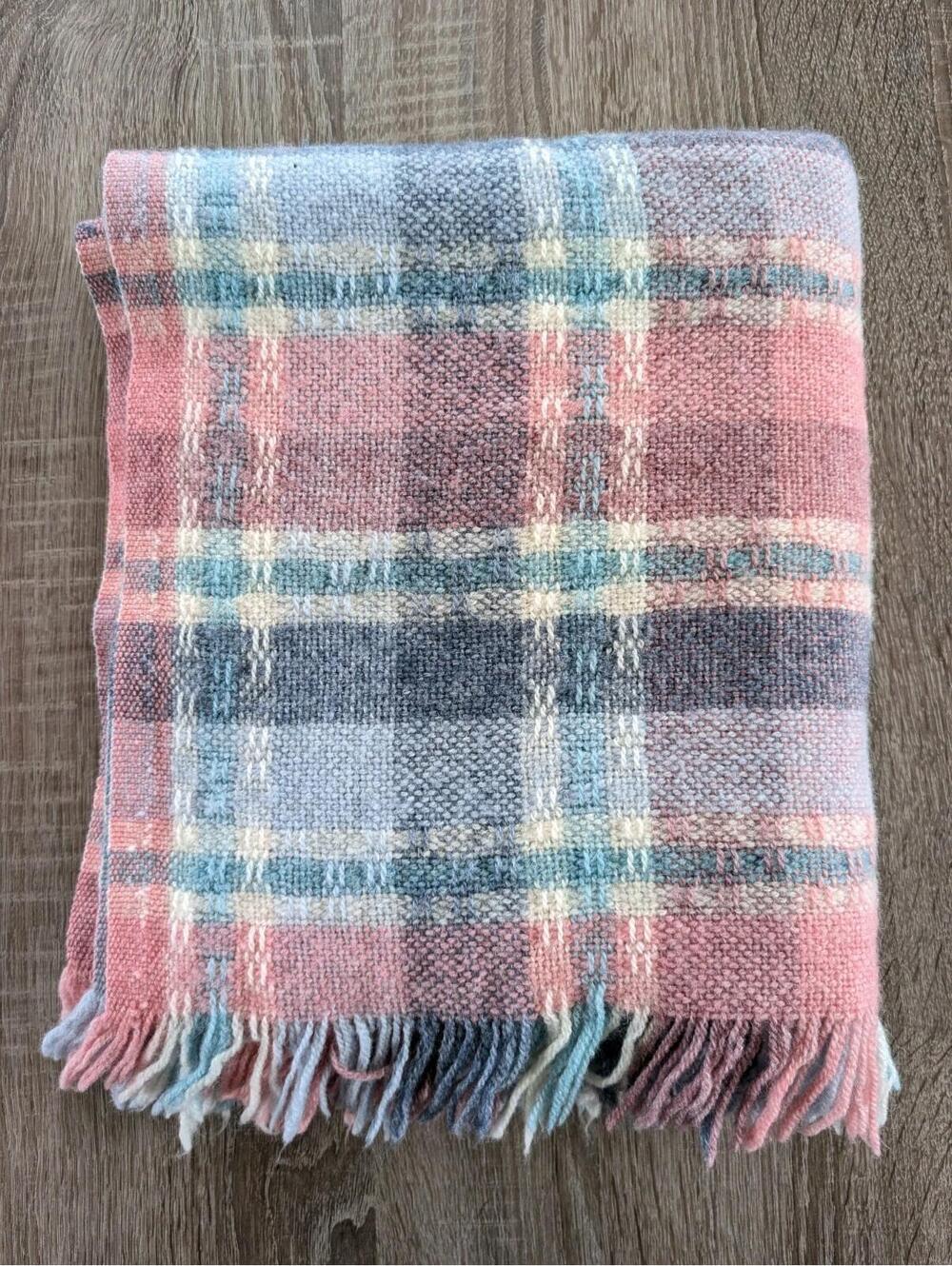 Faribo Faribault Woolen Mill Co Pink Plaid Wool Acrylic Throw Blanket Fringe